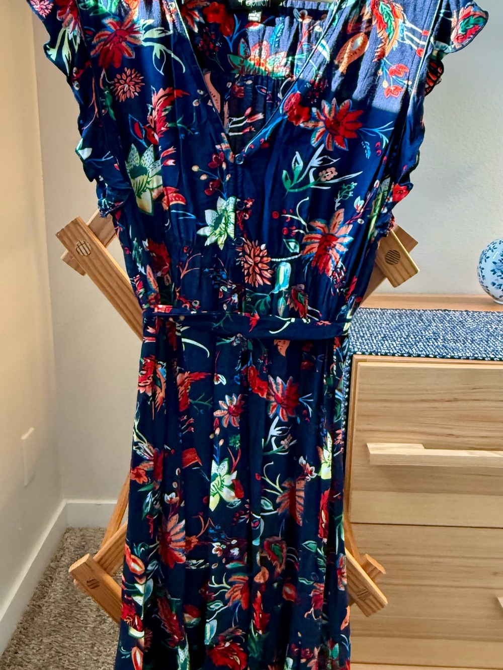 Papillon Blanc Navy Mini Dress with Red & Green Floral Print